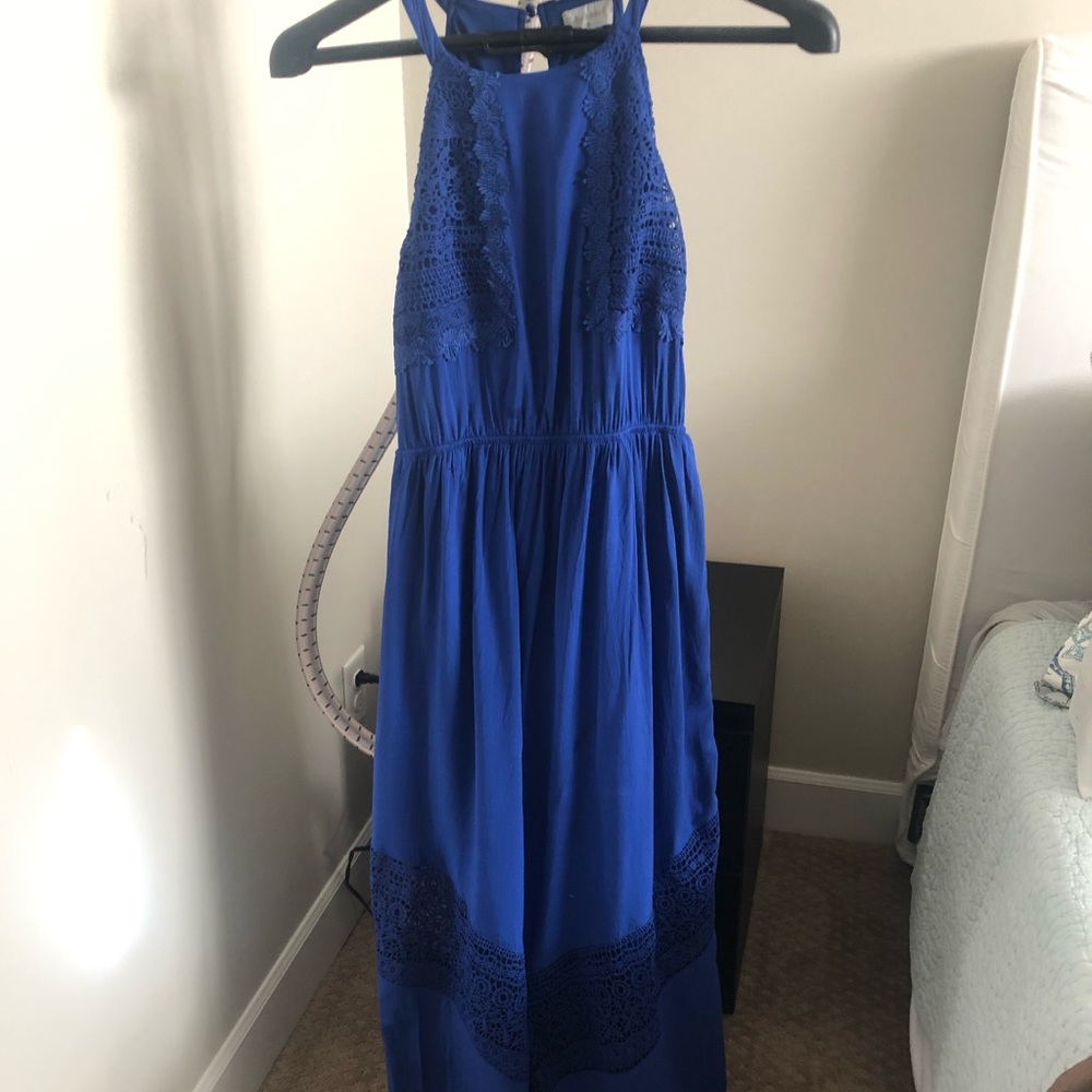 Royal blue halter dress with crochet accents